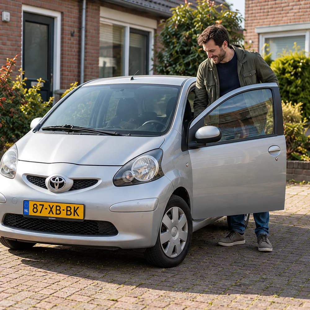 An owner beside his Toyota Aygo on the driveway